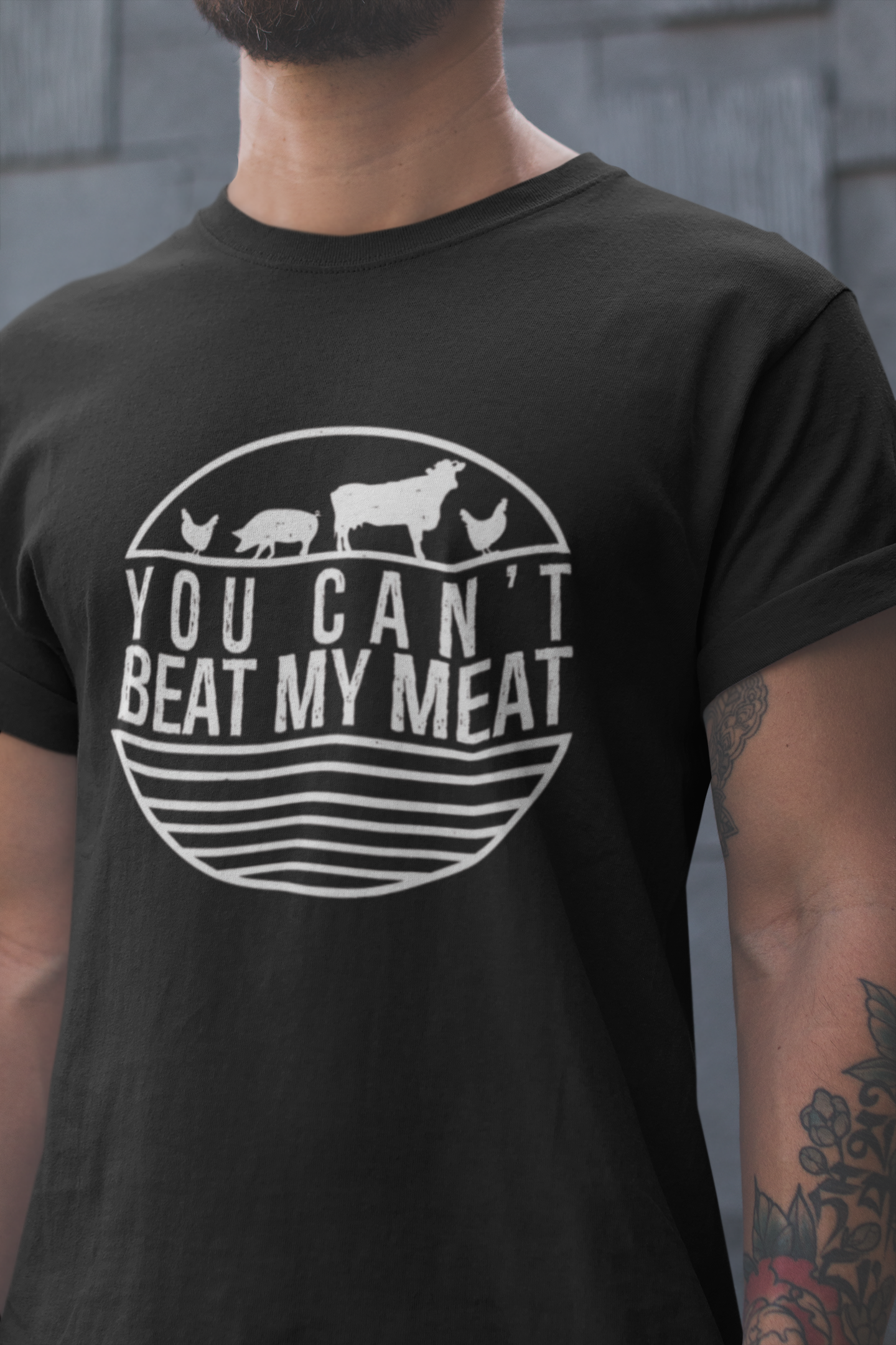 You Can't Beat My Meat Black Graphic T-Shirt on a male model