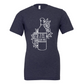 Be Kind, Pet Dogs, Drink Wine - T-Shirt on a navy shirt with white design. The design is an outline of a wine bottle with a variety of flowers and vines sketched beside the bottle, with the saying "be kind, pet dogs, drink wine" inside the wine label. This is the front view of the shirt.