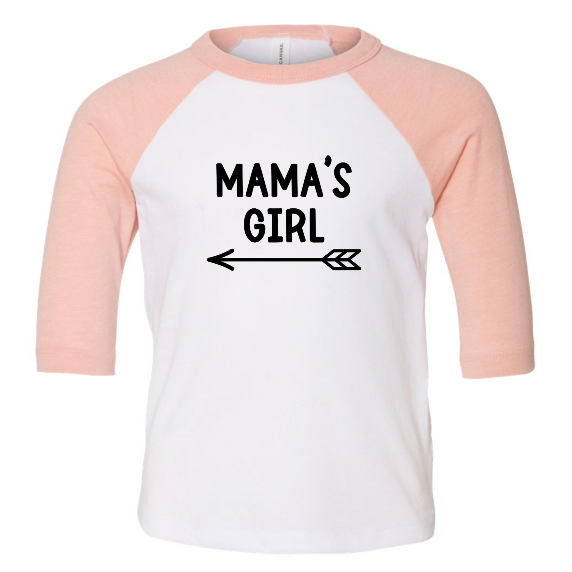 Mama's Girl - Three Quarter Sleeve T-Shirt. Sleeves are heather peach and base is white with the Mama's Girl writing in black with a cute arrow pointing to the left underneath. This is the front view of the shirt.