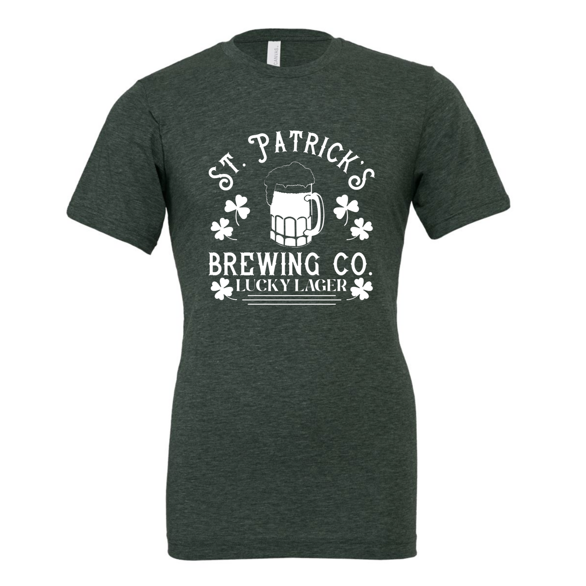 St. Patricks Brewing Co. T-Shirt in heather forest. The front has a white design with the saying "St. Patrick's Brewing Co. Lucky Lager" with a glass of beer and four leaf clovers surrounding the saying. This is the front view of the shirt.