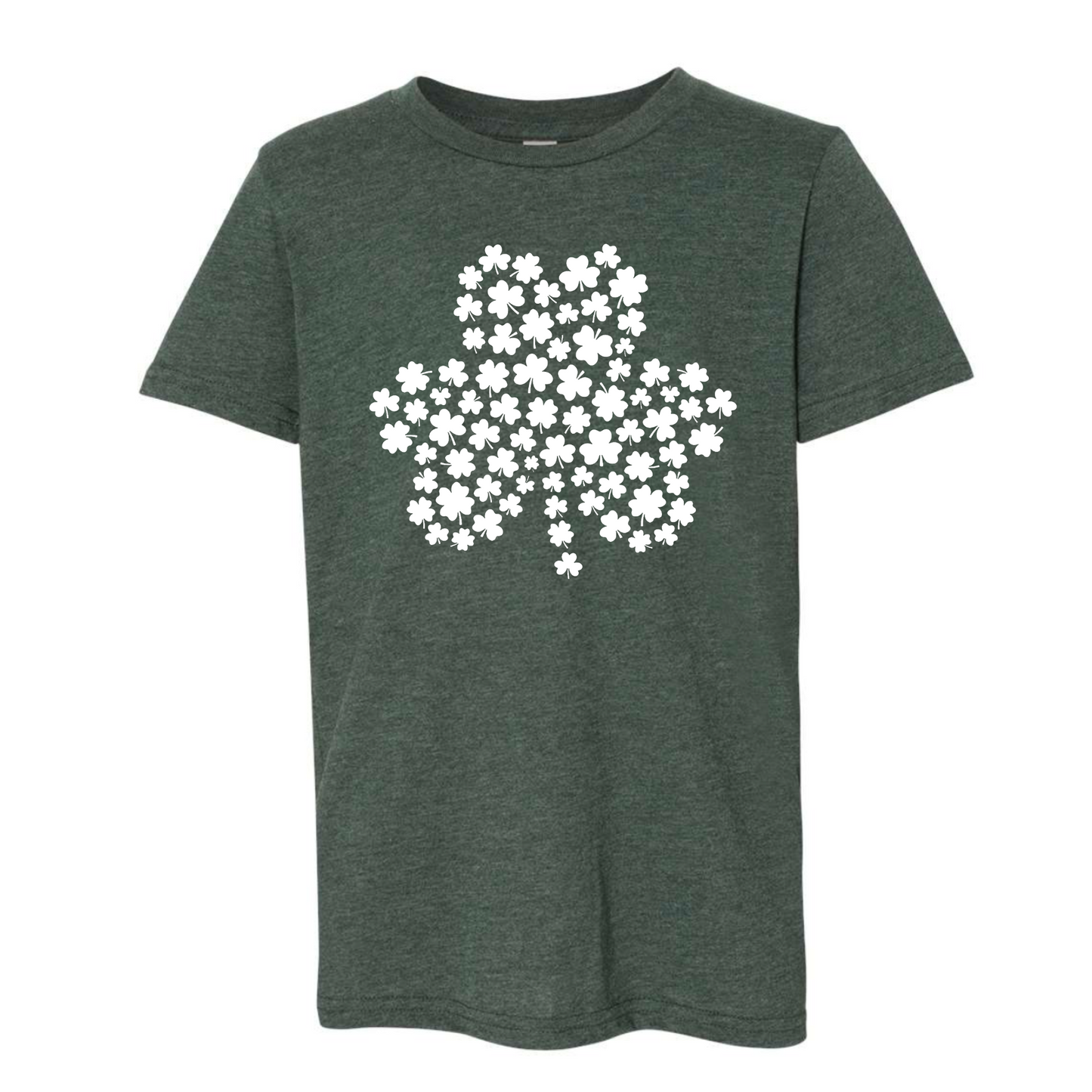 Four-Leaf Clover T-Shirt in heather forest. The front of the t-shirt has a large four leaf clover with mini four leaf clovers making the shape of the larger clover in white. This is the front view of the shirt.