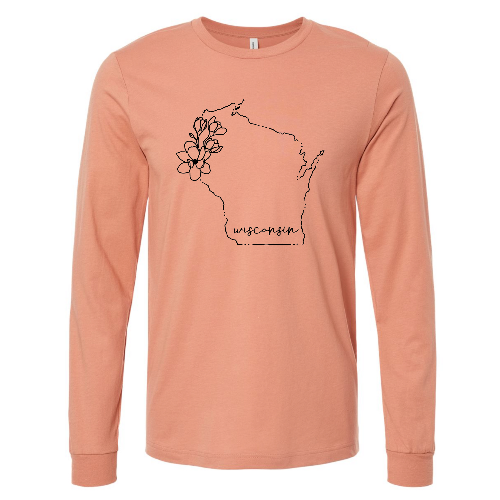 Wisconsin Floral Outline Long Sleeve Shirt in Terracotta. The from top the shirt has a dainty black outline of the state of Wisconsin, with some simple flowers on the left hand side of the state with "Wisconsin" in cursive writing at the bottom inside of the state outline. This is the front view of the shirt.