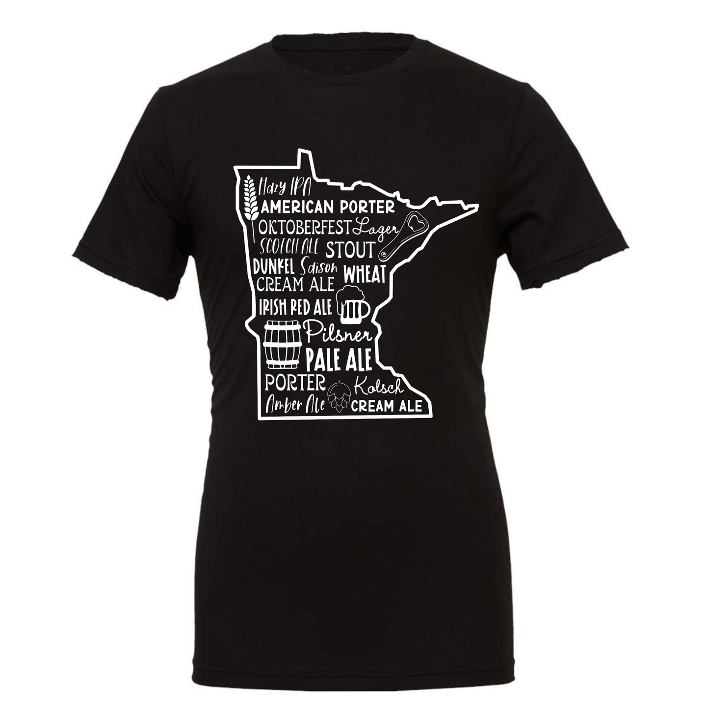 Minnesota Beers - T-Shirt with hazy ipa, American porter, Oktoberfest, lager, scotch ale, stout, dunkel, saison, wheat, cream ale, Irish red ale, pilsner, pale ale, porter, kolsch, amber ale, cream ale on the front in the state of Minnesota with icons of a hop, glass of beer, barrel of beer, bottle opener, and a wheat strand