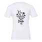 Floral Bride T-Shirt in white. The front has a bouquet of dainty flowers with the word "bride" written in the stems in a black design. This is the front view of the shirt.