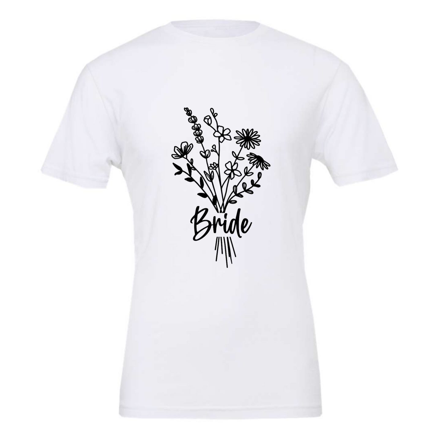 Floral Bride T-Shirt in white. The front has a bouquet of dainty flowers with the word "bride" written in the stems in a black design. This is the front view of the shirt.
