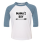 Mama's Boy - Three Quarter Baseball T-Shirt. Sleeves in a Heather light blue on the sleeves with a white base. Mama's Boy is in black with an arrow below it pointing to the left. This is the front view of the shirt.