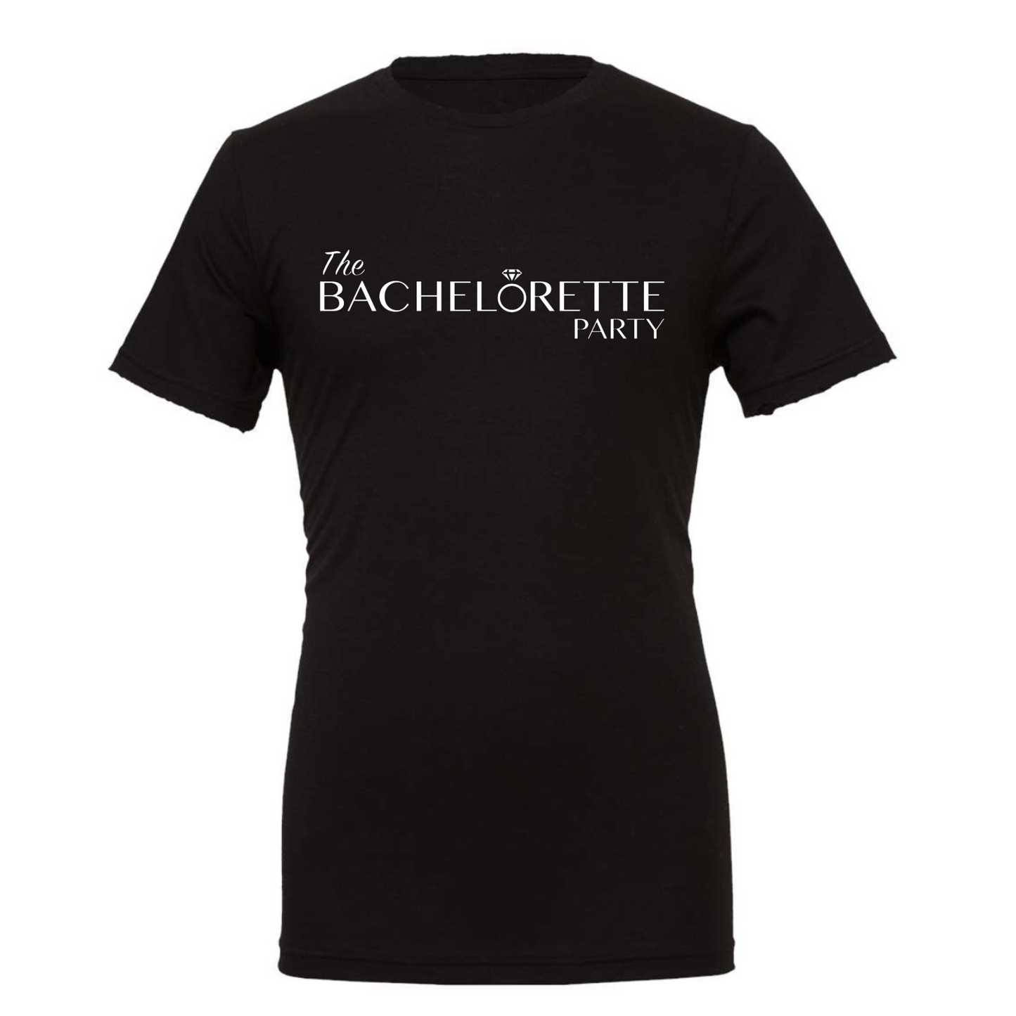 The Bachelorette Party T-Shirt in black. The design in on the front is in white with "The" being smaller script font, "Bachelorette" and "Party" being a bold font. The O in Bachelorette is a diamond ring. This the front view of the shirt.