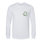 Feeling Lucky Long Sleeve Shirt in white. The back has a repetitive curvy saying "feeling lucky" with a smiley face making a peace sign with the eyes as clovers in green. The front has a four leaf clover pocket sale on the front in green. This is the front view of the shirt.
