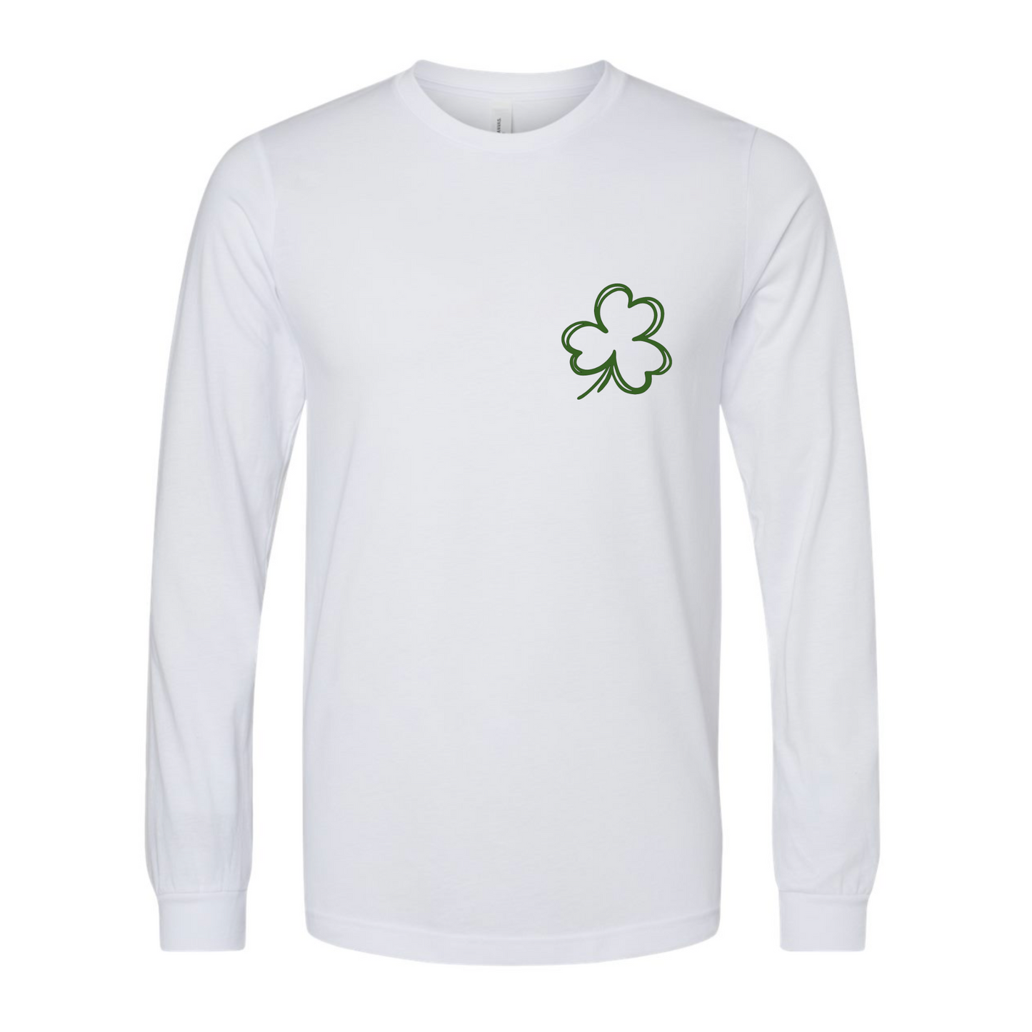Feeling Lucky Long Sleeve Shirt in white. The back has a repetitive curvy saying "feeling lucky" with a smiley face making a peace sign with the eyes as clovers in green. The front has a four leaf clover pocket sale on the front in green. This is the front view of the shirt.