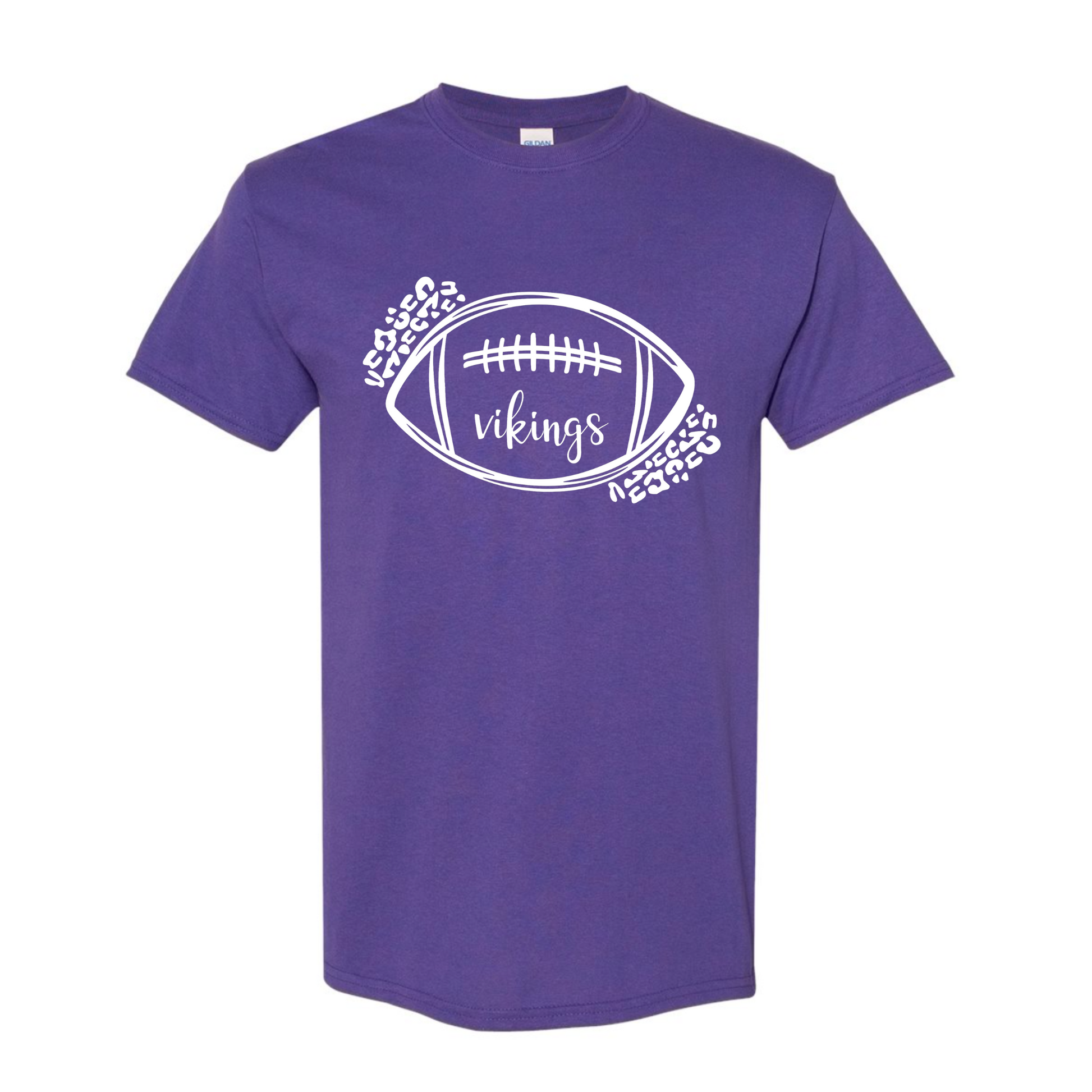 Leopard Vikings Graphic - Purple T-Shirt with white writing. The front features a sketchy outline of a football with "vikings" in a script font inside the bottom of the football with leopard print enclosing the top left and bottom right of the football. This is the front view of the t-shirt.