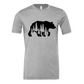Woodsy Bear Silhouette - T-Shirt in gray. The front of the shirt features a black bear cutout with pine trees shapes cut out of the bear to give it woodsy vibe. This is the front view of the shirt.