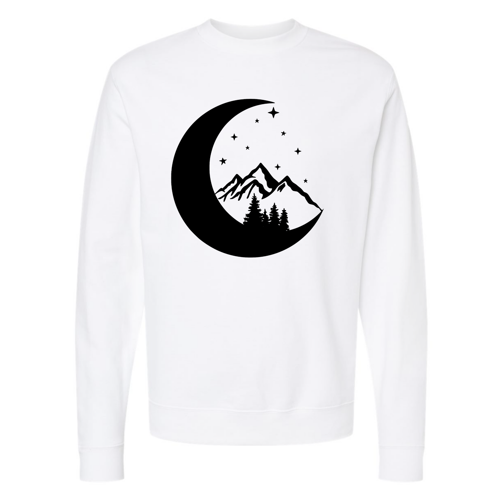 Moonlight Mountain - Pull Over Sweatshirt. The design is in black with a half moon, pine trees mountains and stars sitting inside the moon. This the front view of the sweatshirt on white.
