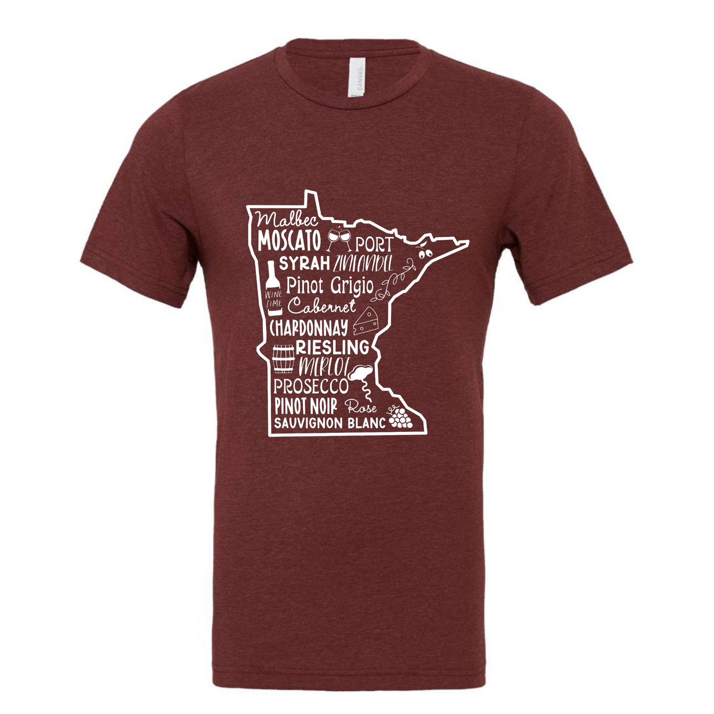 Minnesota Wines - T-Shirt. Red Heather Wine Colored Shirt with a white design of a Minnesota outline with a wine bottle, cheese slice, wine opener, grapes, vines, olives, and barrel inside it. Include also includes names of wines including - Malbec, moscato, port, Syrah, zinfandel, pinot Grigio, cabernet, chardonnay, riesling, merlot, Prosecco, pinot noir, sauvignon blanc. This is the front view of the shirt.
