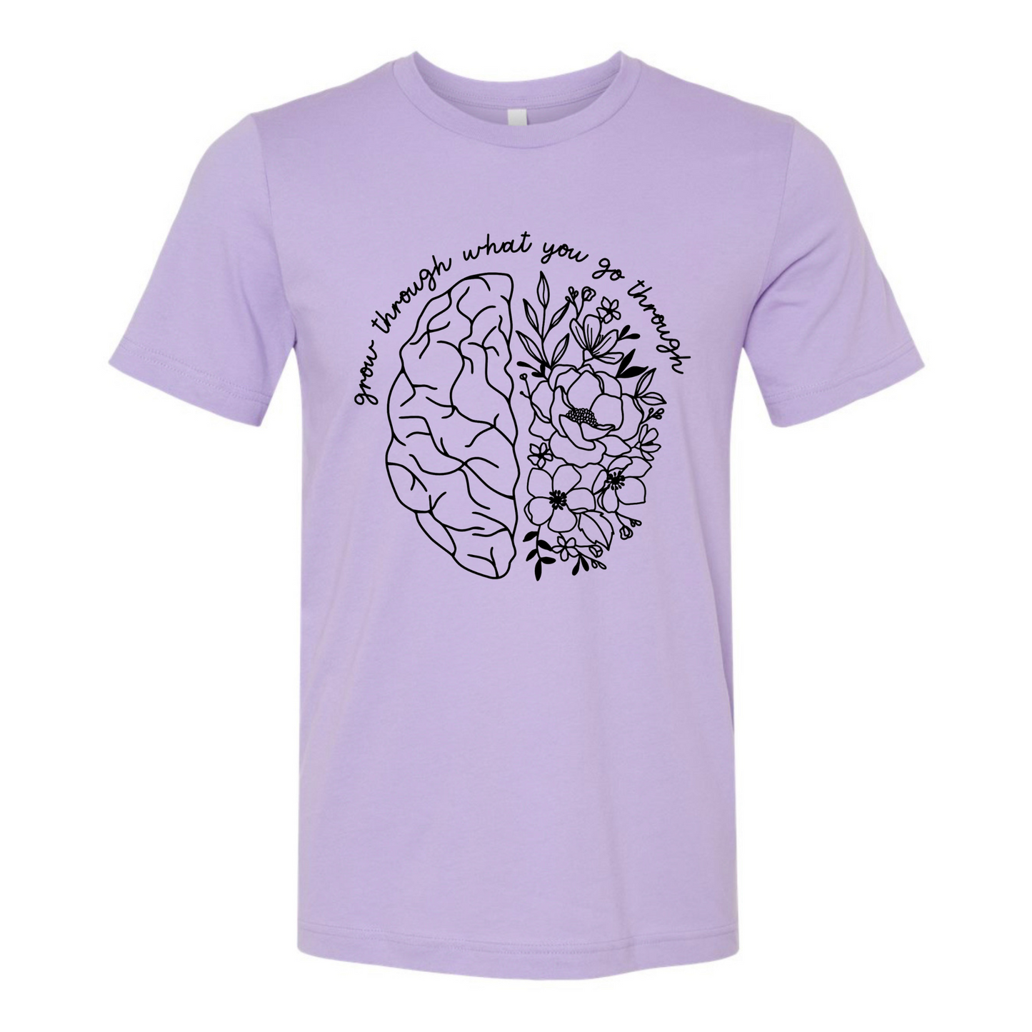 Grow Through Mental Health Brain T-Shirt in purple with a black design on the front. The design has a brain with the left side looking like a brain and the right side being flowers. At the top of the design has a cursive font that says "grow through what you go through". This is the front view of the shirt.