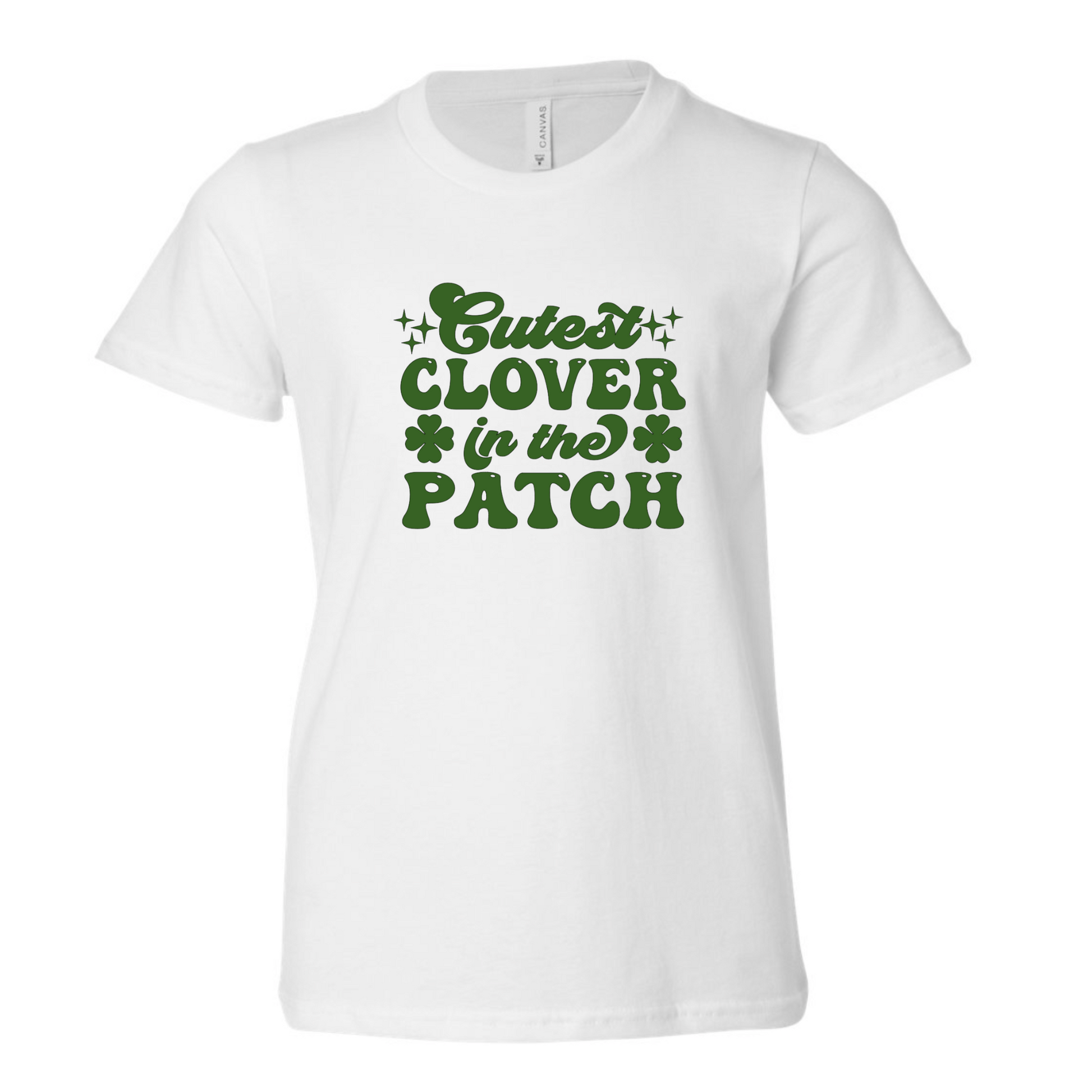 Cutest Clover In The Patch T-Shirt for youth and toddler in white. Adorable saying in green with twinkles and 4 leaf clovers. This is the front view of the shirt.