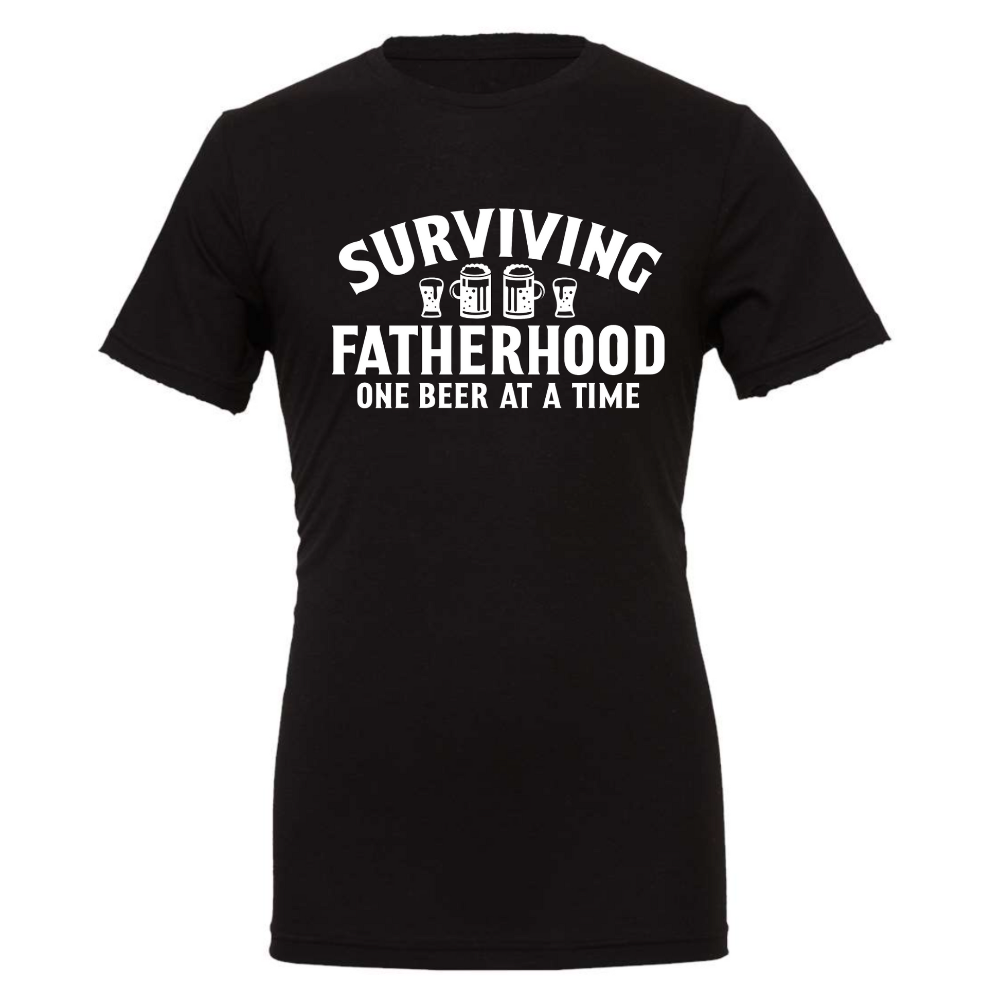 Surviving Fatherhood One Beer At A Time - Black T-Shirt - front view in white writing. Between the word surviving and fatherhood is different glasses of beer mugs. This is the front view of the shirt.