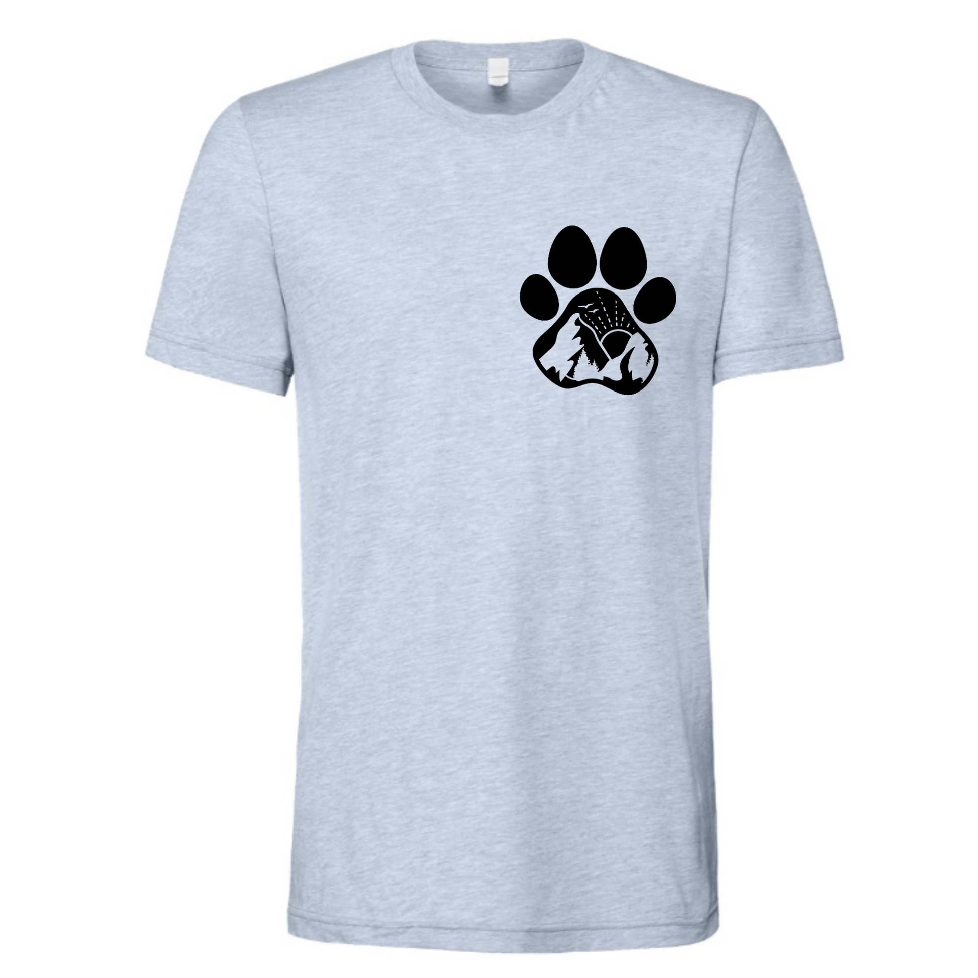 Labrador Mom Shirt - Black design on a dusty blue shirt (Front view) - paw print with the mountains, sun and birds on the corner pocket