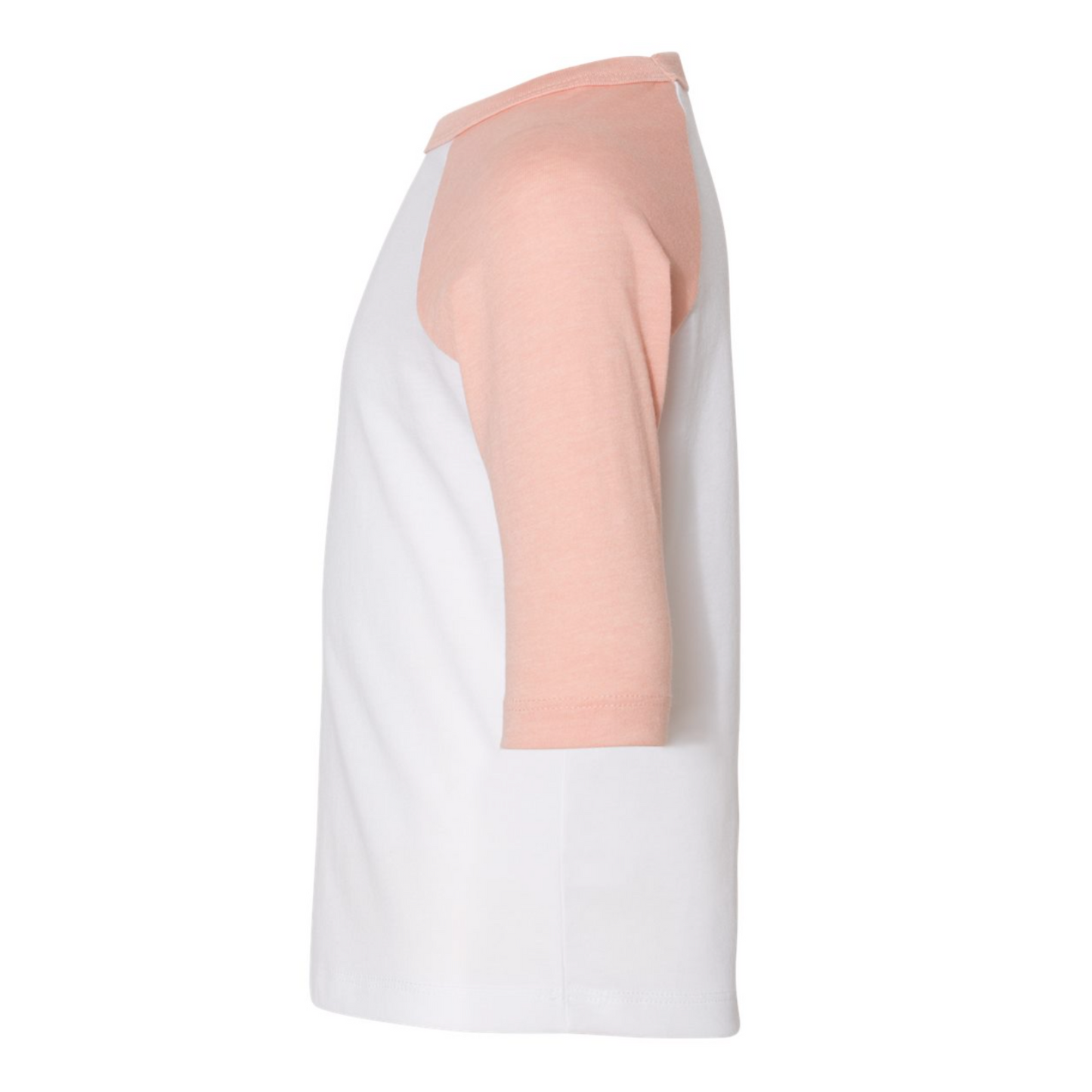 Mama's Girl - Three Quarter Sleeve T-Shirt. Sleeves are heather peach and base is white with the Mama's Girl writing in black with a cute arrow pointing to the left underneath. This is the side view of the shirt.