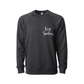 Not Everything That Weighs You Down - Pull Over Sweatshirt in charcoal gray. The back has a white cursive saying of "not everything that weighs you down is yours to carry" with the front corner pocket saying in a cursive font in white of "keep smiling". This is the front view of the sweatshirt.