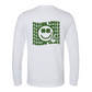 Feeling Lucky Long Sleeve Shirt in white. The back has a repetitive curvy saying "feeling lucky" with a smiley face making a peace sign with the eyes as clovers in green. The front has a four leaf clover pocket sale on the front in green. This is the back view of the shirt.