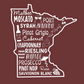 Minnesota Wines - T-Shirt. Red Heather Wine Colored Shirt with a white design of a Minnesota outline with a wine bottle, cheese slice, wine opener, grapes, vines, olives, and barrel inside it. Include also includes names of wines including - Malbec, moscato, port, Syrah, zinfandel, pinot Grigio, cabernet, chardonnay, riesling, merlot, Prosecco, pinot noir, sauvignon blanc. This is design on a wine colored background.