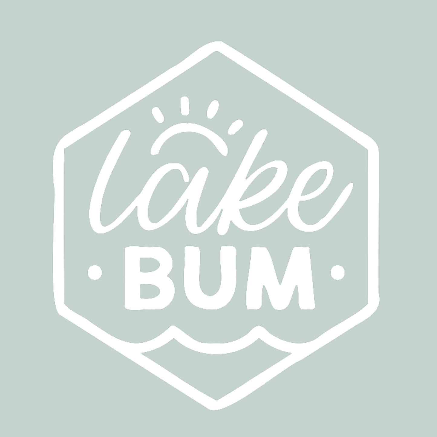 White lake bum sun and waves design on a light green background. This is an unclose view of the design.
