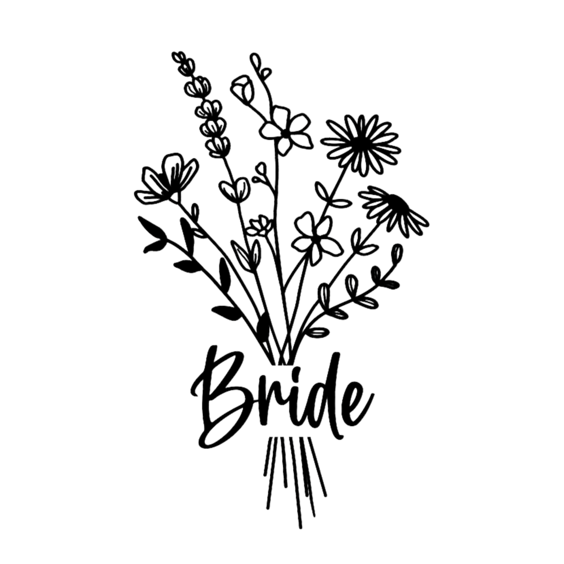 Floral Bride T-Shirt in white. The front has a bouquet of dainty flowers with the word "bride" written in the stems in a black design. This is a up close image of the design in black on a white background.