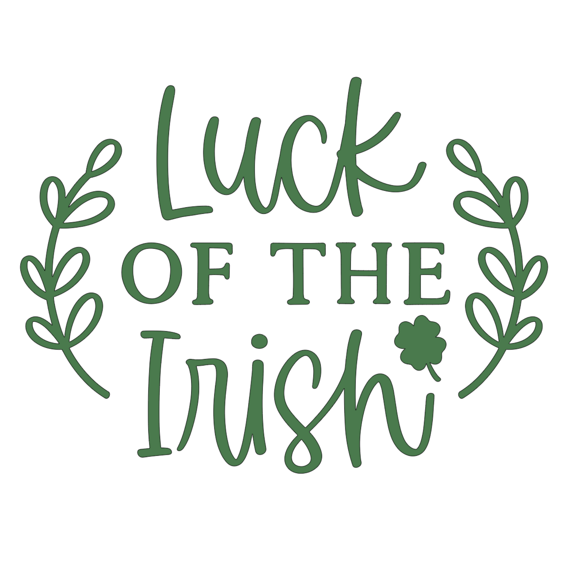 Luck Of The Irish - Pull Over Sweatshirt in a heather light gray. Luck Of The Irish quote on the sweatshirt is a medium green with cute leaves enclosing the design and a small four leaf clover. This is a close up of the design on white.