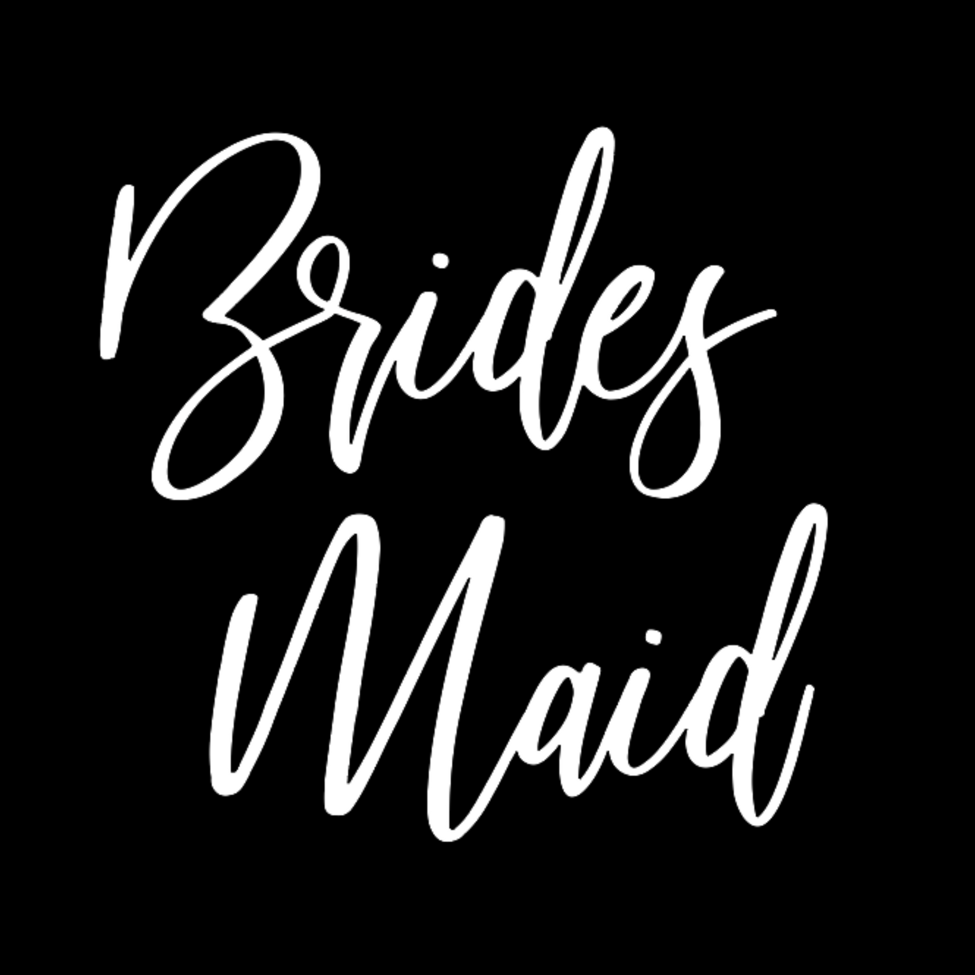 Bridesmaid T-Shirt in black with a white script font writing on the front of the tee. This is an unclose view of the design in white on a black background.