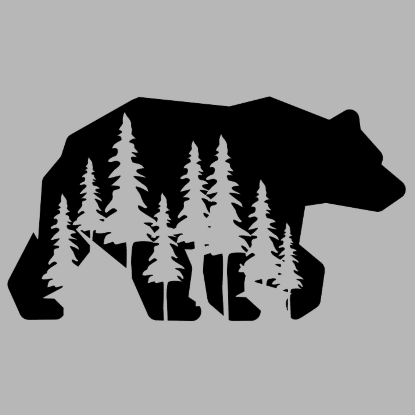Woodsy Black Bear Design with Pine Trees cut into it with a gray background.