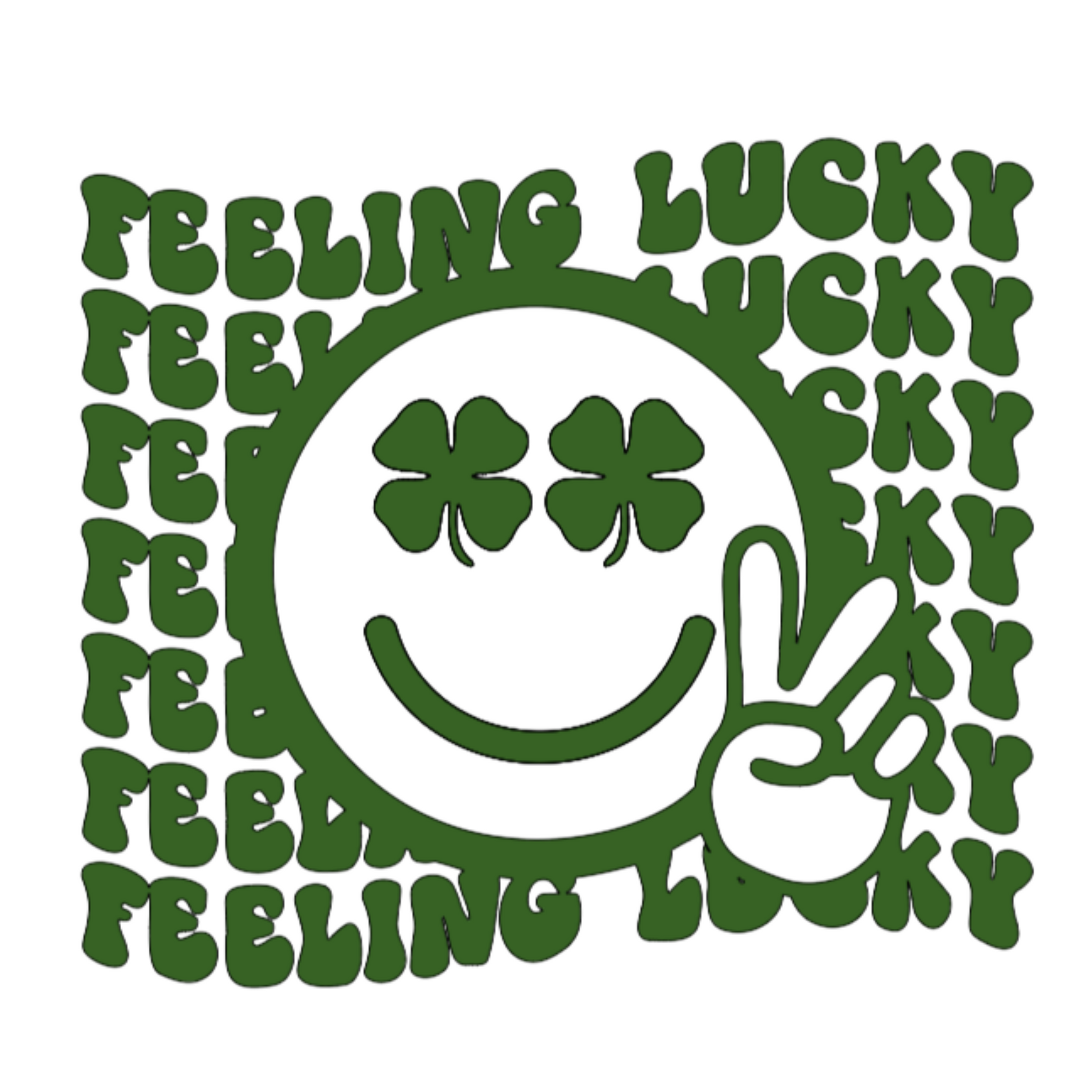 Feeling Lucky Long Sleeve Shirt in white. The back has a repetitive curvy saying "feeling lucky" with a smiley face making a peace sign with the eyes as clovers in green. The front has a four leaf clover pocket sale on the front in green. This is an image of the back design on a white background. 