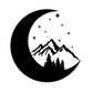 Moonlight Mountain - Pull Over Sweatshirt. The design is in black with a half moon, pine trees mountains and stars sitting inside the moon. This is the feature image of the design on white.