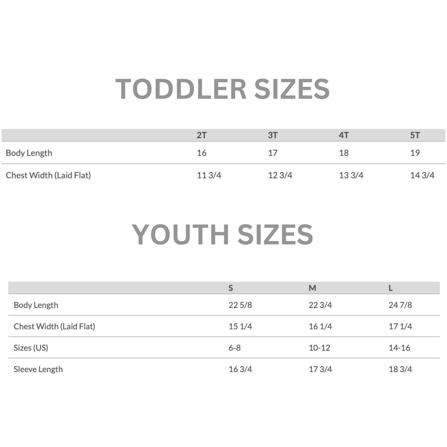 Mama's Boy - Three Quarter Baseball T-Shirt size chart. Sizes 2T - Youth Large.