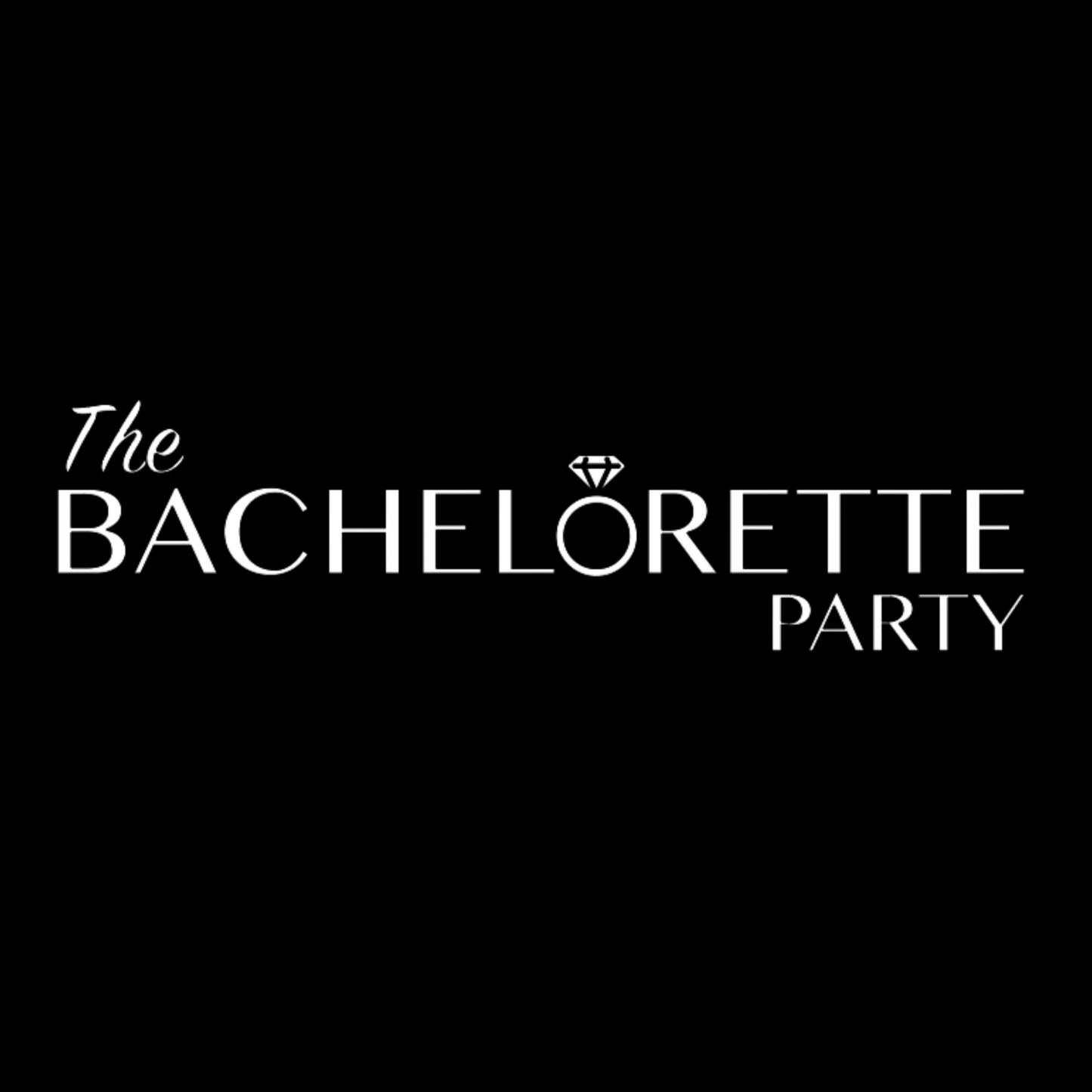 The Bachelorette Party T-Shirt in black. The design in on the front is in white with "The" being smaller script font, "Bachelorette" and "Party" being a bold font. The O in Bachelorette is a diamond ring. This the unclose image of the design in white on a black background.