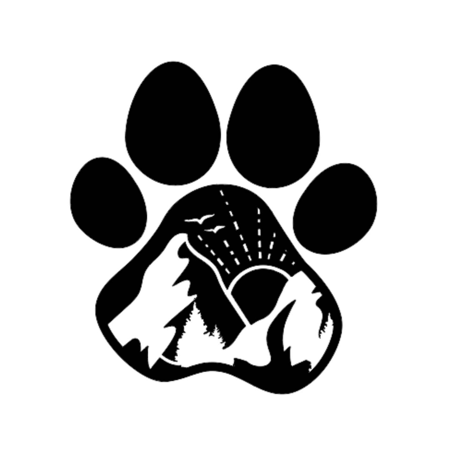 Paw Print design with mountains, trees, sun, and birds.