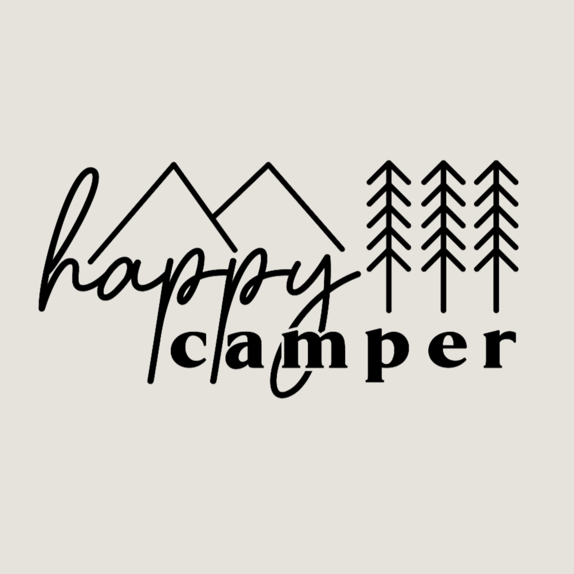 Happy Camper T-Shirt in Heather Oatmeal. The front has a cursive font "happy" with "camper" below it in a bold lowercase font. Two triangle mountains are above the word happy, and three pine trees are above the word camper. The design is in black. This is an upclose view of the design on a oatmeal background.