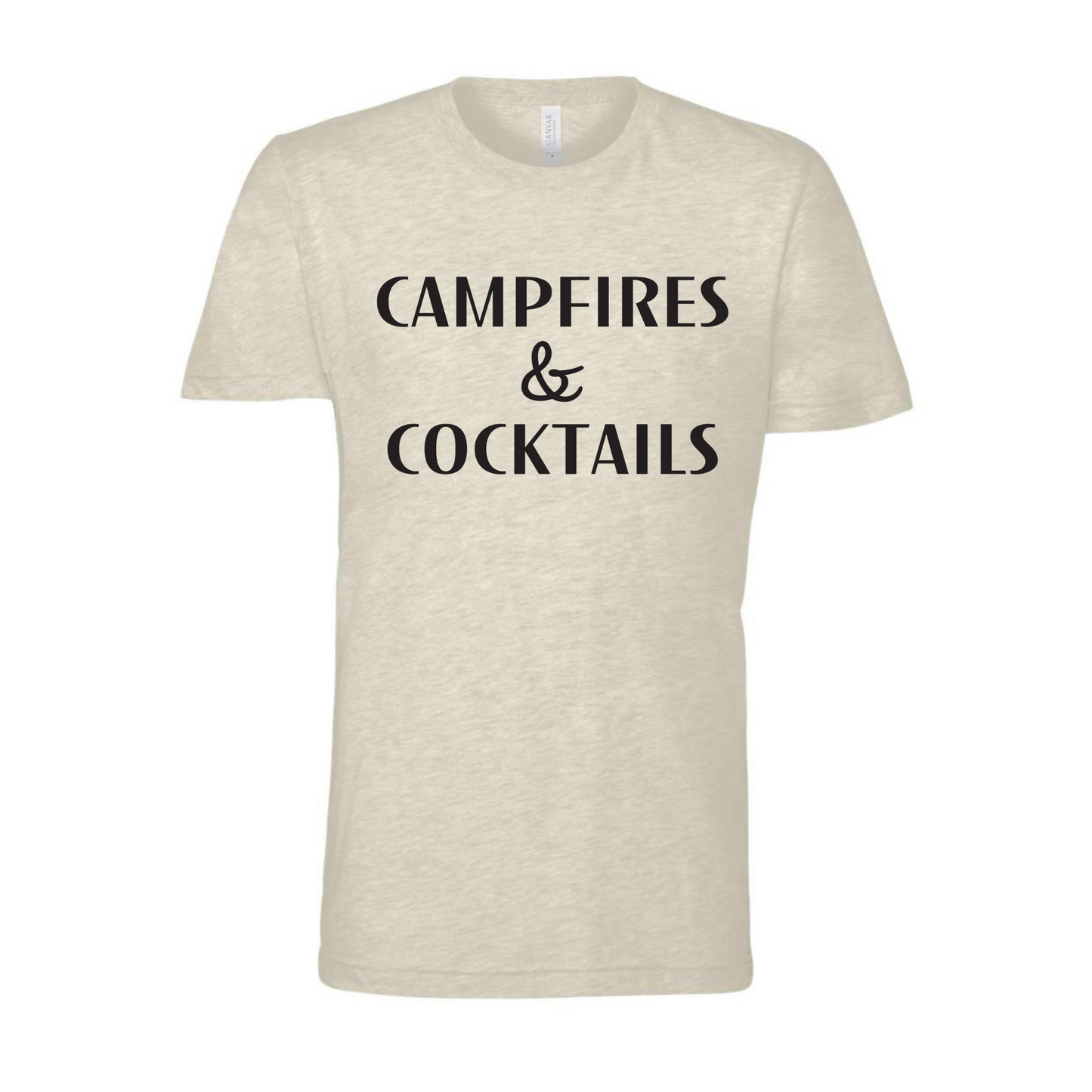 Campfires & Cocktails - T-Shirt in Heather oatmeal. The front of the shirt has a black bold font with campfires & cocktails on it. This is the front view of the shirt.