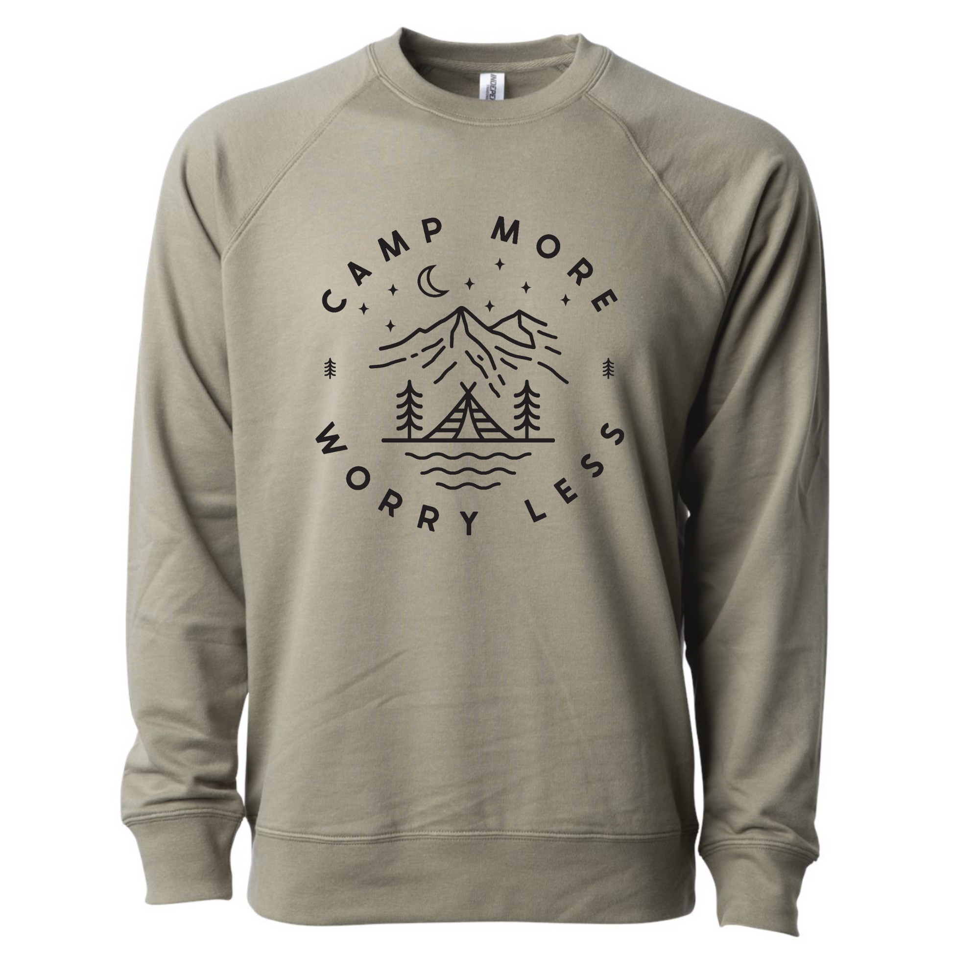 Camp More Worry Less - Pull Over Sweatshirt. Design has "camp more" on top & "worry less" on the bottom curved in a circle with small pine trees separating the words. In the middle includes a tent siting on a bay of water with pine trees standing on both sides of the tent, with mountains in the background and stars aligning with a moon above the mountains. The design is in black on an olive green blank. This is the front view of the sweatshirt.