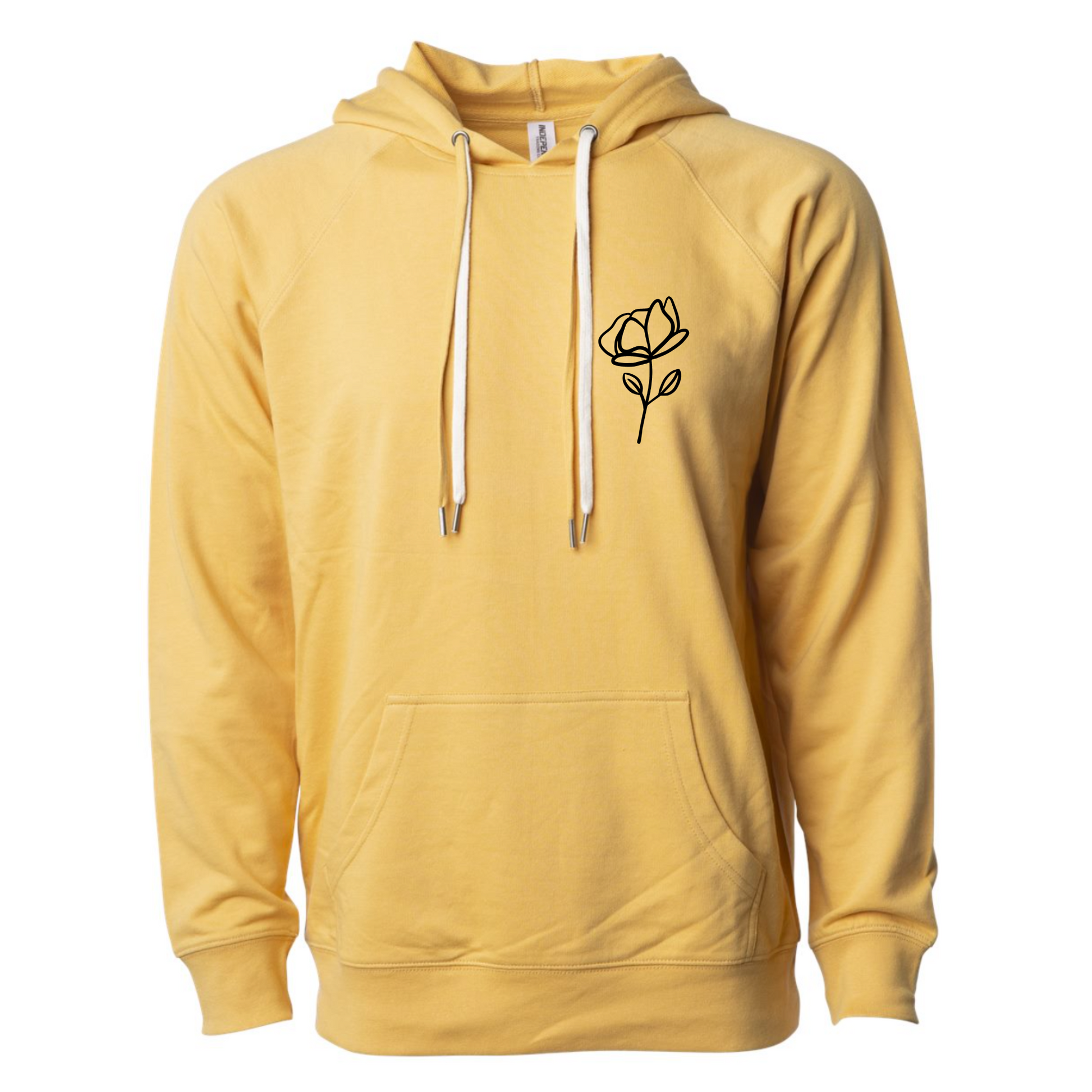 Be The Change Hooded Sweatshirt in a light yellow. The back has a black cursive writing saying "be the change you wish to see in the world." The front has a small flower with stem in black - pocket style. This is the front view of the sweatshirt.