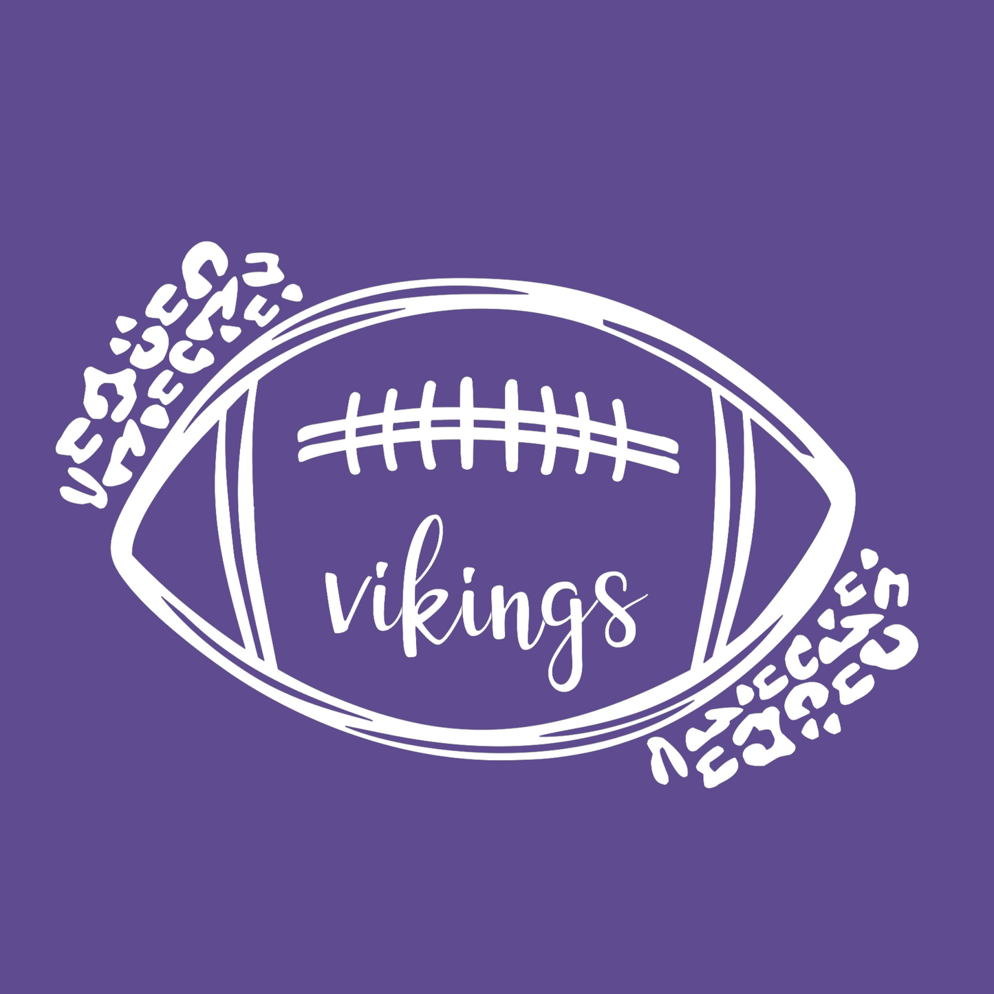 Leopard Vikings Graphic - Purple T-Shirt with white writing. The front features a sketchy outline of a football with "vikings" in a script font inside the bottom of the football with leopard print enclosing the top left and bottom right of the football. This is an image of the football design in white on purple background.