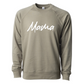 Green Mama - Pull Over Sweatshirt - front viewMama - Pull Over Sweatshirt in olive green with a white cursive modern font design with "mama" on it. This is the front view of the sweatshirt.