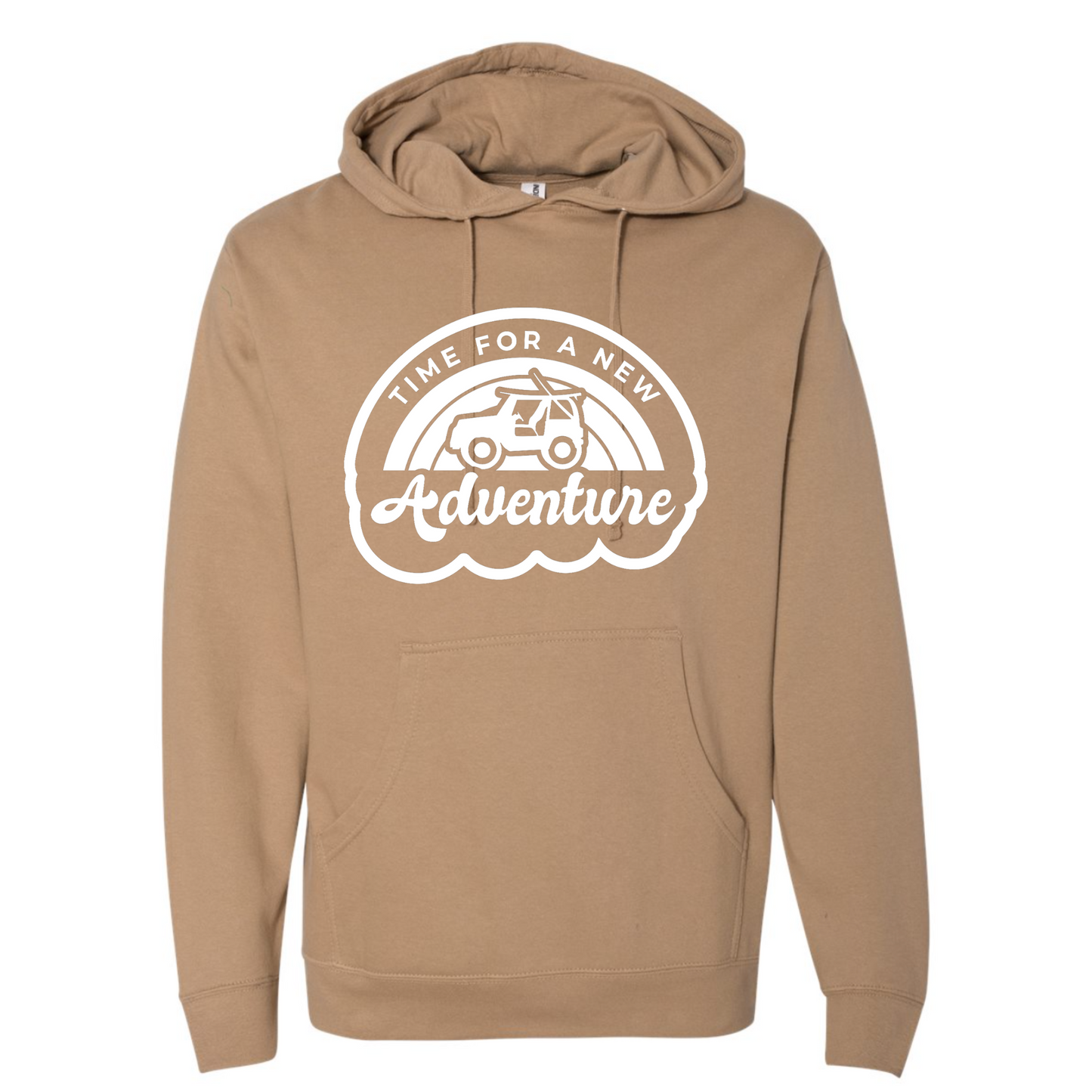 Time For A New Adventure Hooded Sweatshirt. Design is in a cloud bubble with time for a new adventure at the top curved with an off road vehicle in the middle with a rainbow behind it, and adventure below it. This the design in a white on the sandstone tan hoodie. This is the front view of the sweatshirt.