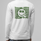 Feeling Lucky Long Sleeve Shirt in white. The back has a repetitive curvy saying "feeling lucky" with a smiley face making a peace sign with the eyes as clovers in green. The front has a four leaf clover pocket sale on the front in green. This is the back view of the shirt on a male model.