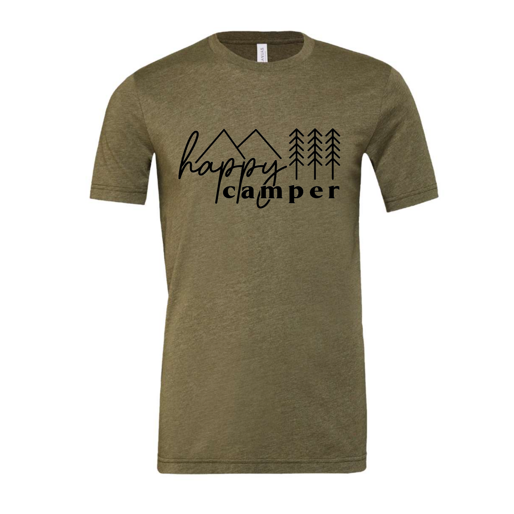 Happy Camper T-Shirt in Heather Olive. The front has a cursive font "happy" with "camper" below it in a bold lowercase font. Two triangle mountains are above the word happy, and three pine trees are above the word camper. The design is in black. This is the front view of the shirt.