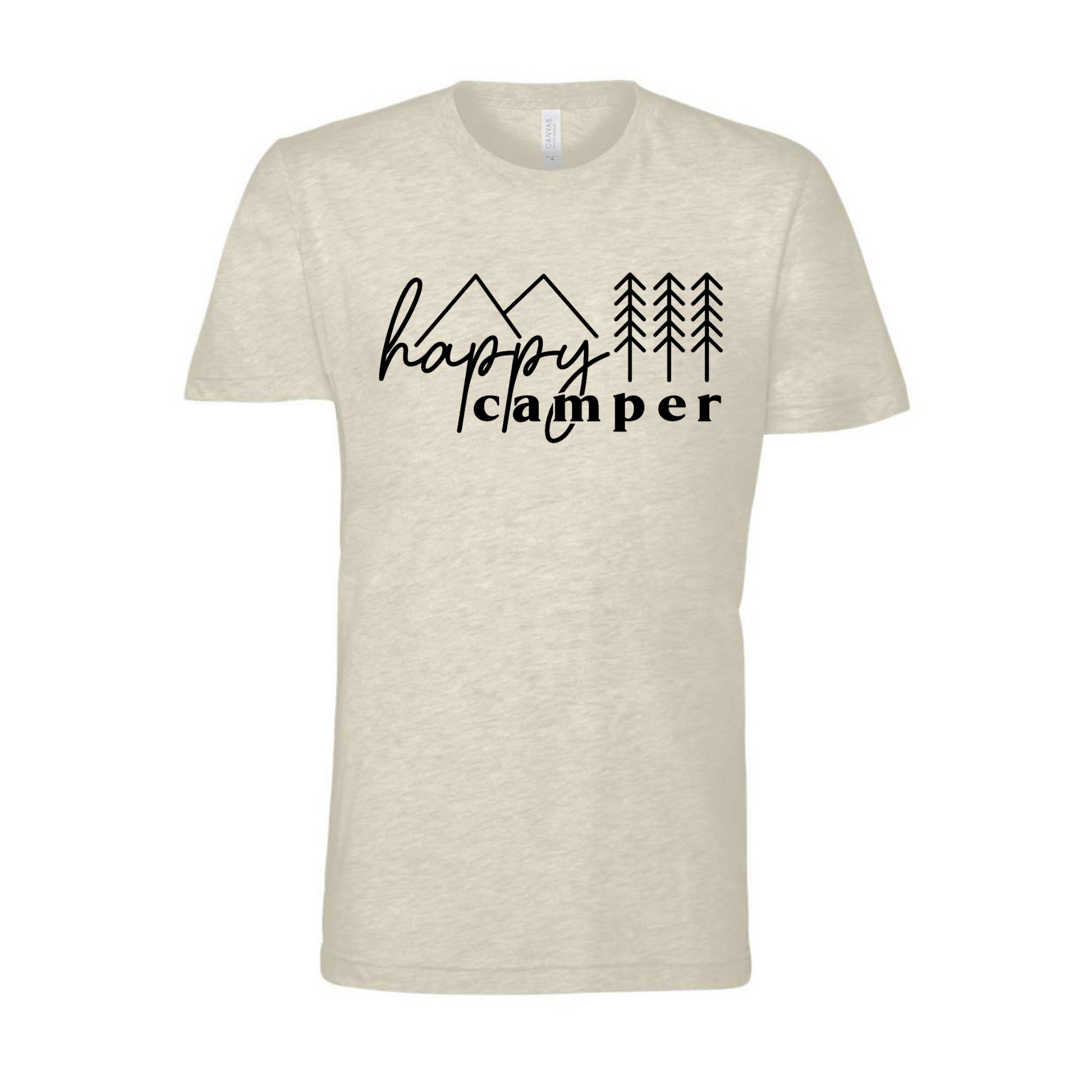 Happy Camper T-Shirt in Heather Oatmeal. The front has a cursive font "happy" with "camper" below it in a bold lowercase font. Two triangle mountains are above the word happy, and three pine trees are above the word camper. The design is in black. This is the front view of the shirt.