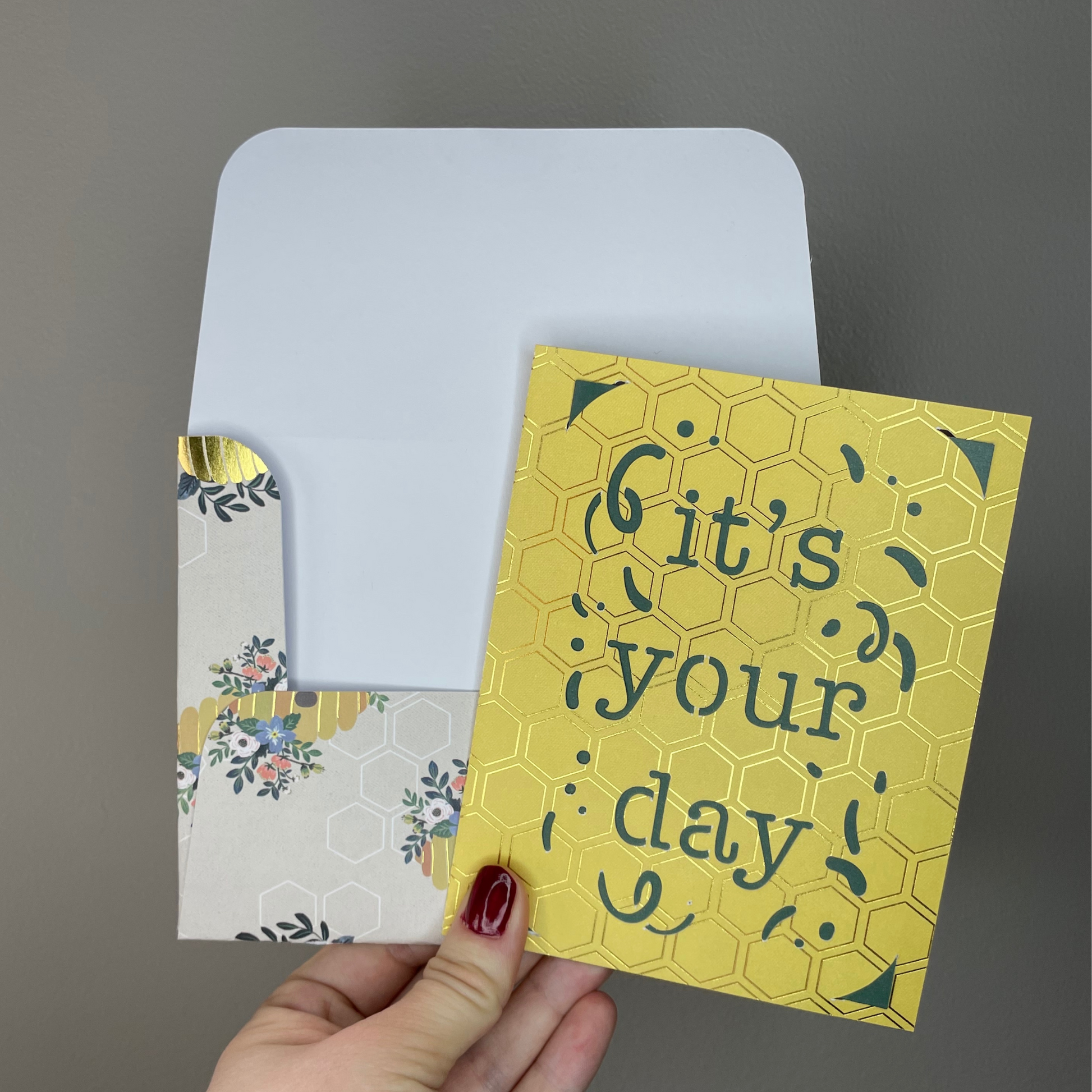 It’s Your Day Greeting Card - Yellow Card with forest green background and beehive / floral envelope