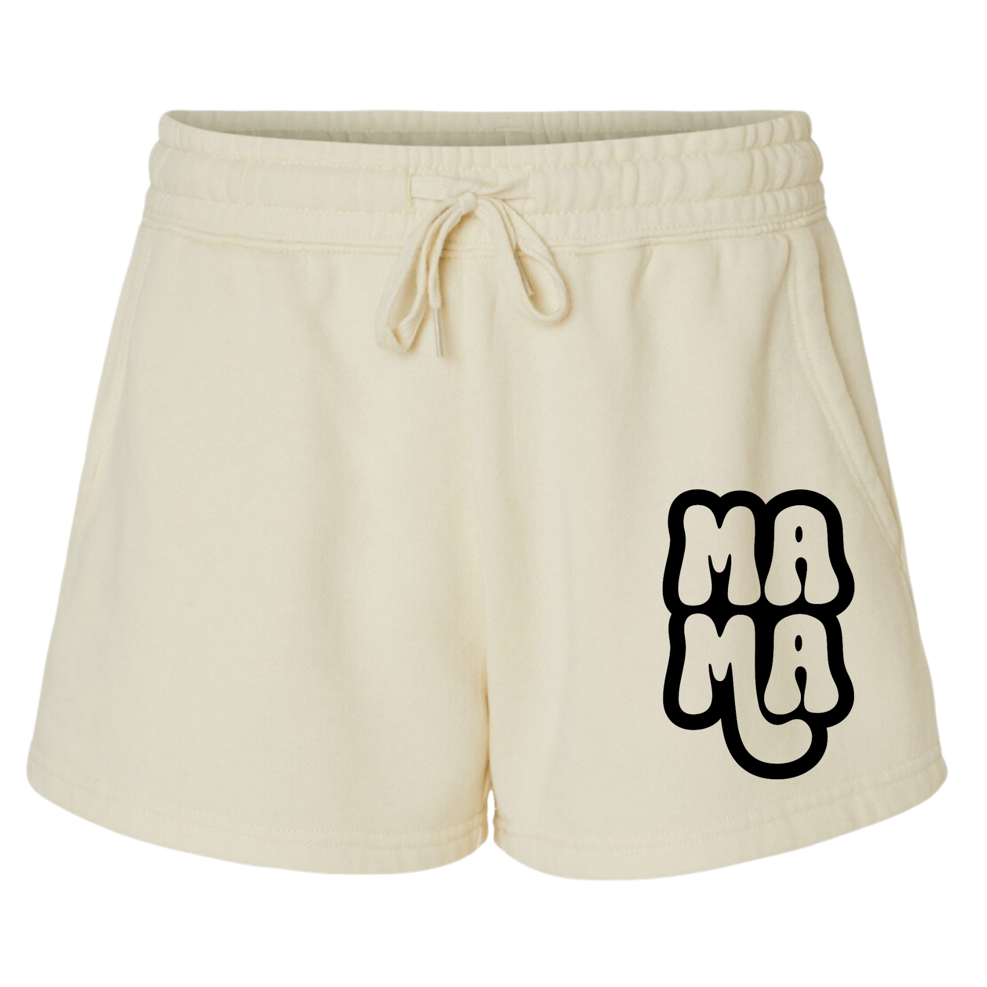 Mama Shorts in cream with a comfy warm fabric. Draw strings loop the front and small emblem of "mama" is on the right hand side of the short in black - on the front. This is the front view of the shorts.