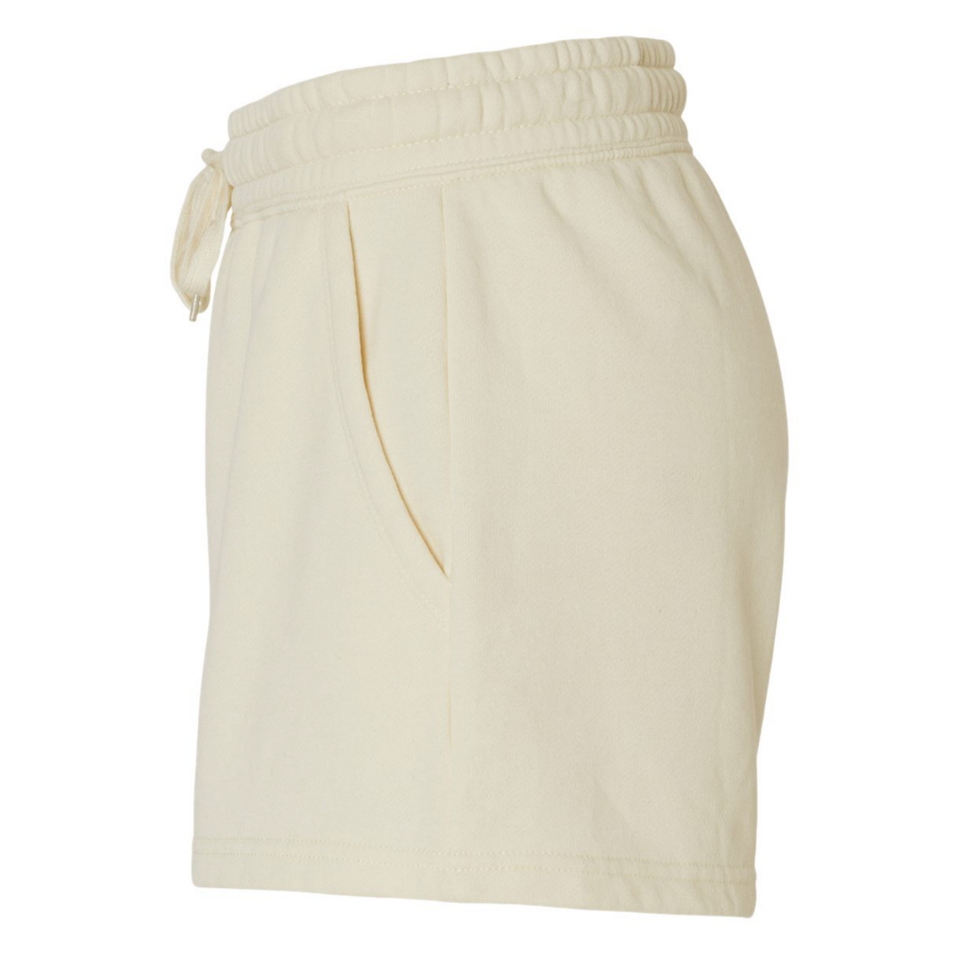 Mama Shorts in cream with a comfy warm fabric. Draw strings loop the front and small emblem of "mama" is on the right hand side of the short in black - on the front. This is the side view of the shorts.