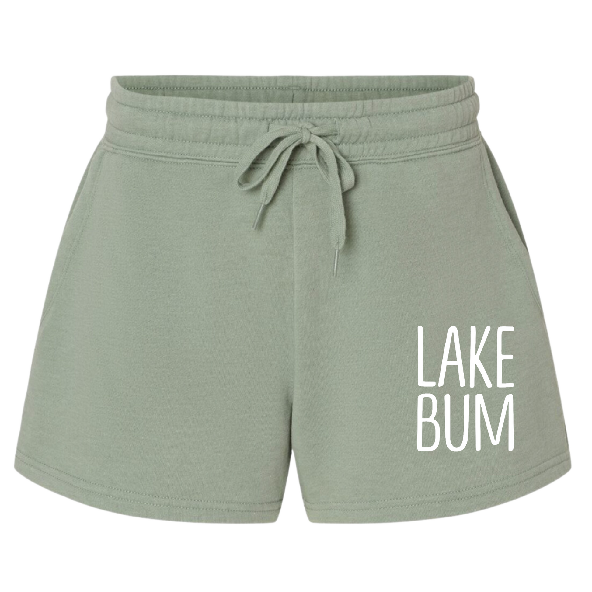 Lake Bum Shorts in a light mint green color with a "lake bum" saying on the right hand corner of the shorts. This is the front view of the shorts.