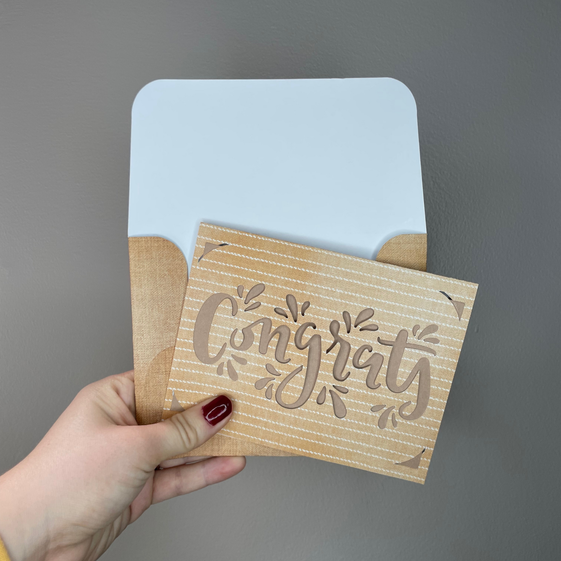 Congrats Greeting Card - Orange Stripe card with tan background and orange envelope